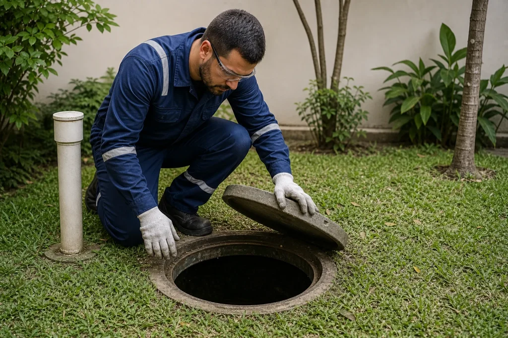 Técnico inspecionando fossa séptica ao levantar a tampa em área externa.
