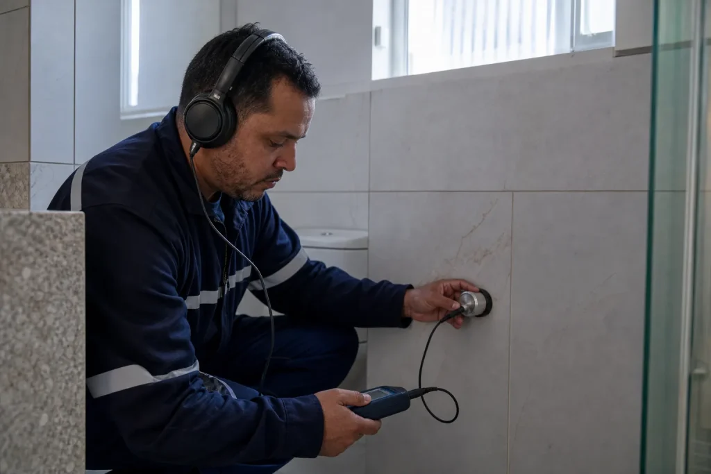 Técnico usa geofone na parede do banheiro para localizar vazamento oculto sem quebrar.