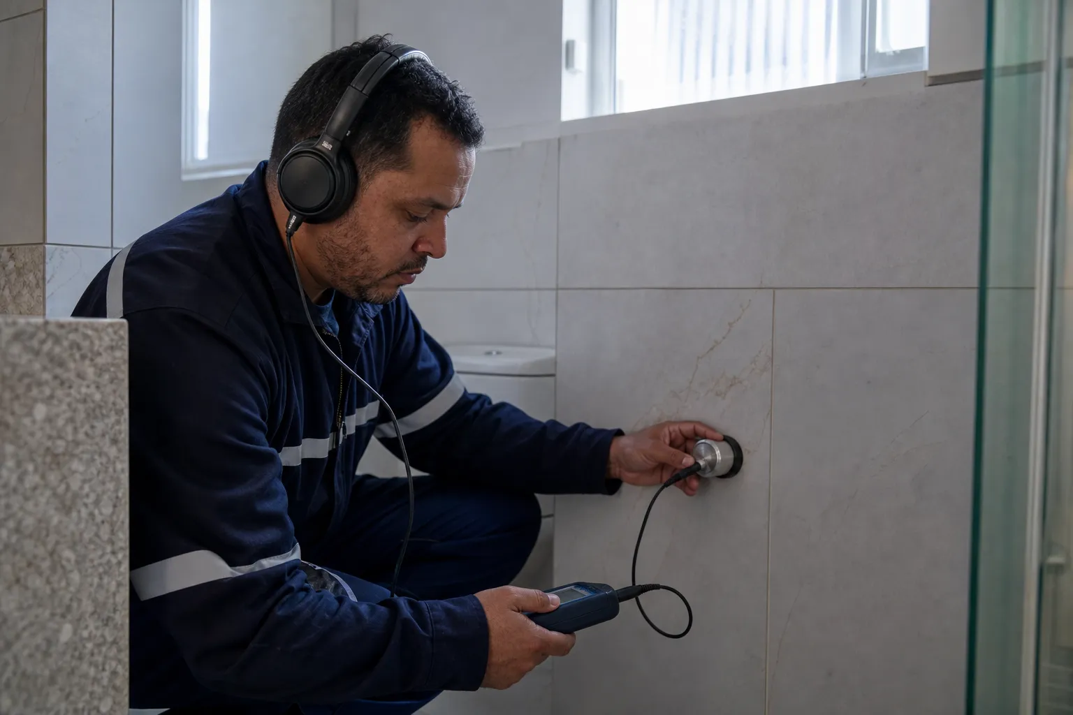 Técnico usa geofone na parede do banheiro para localizar vazamento oculto sem quebrar.