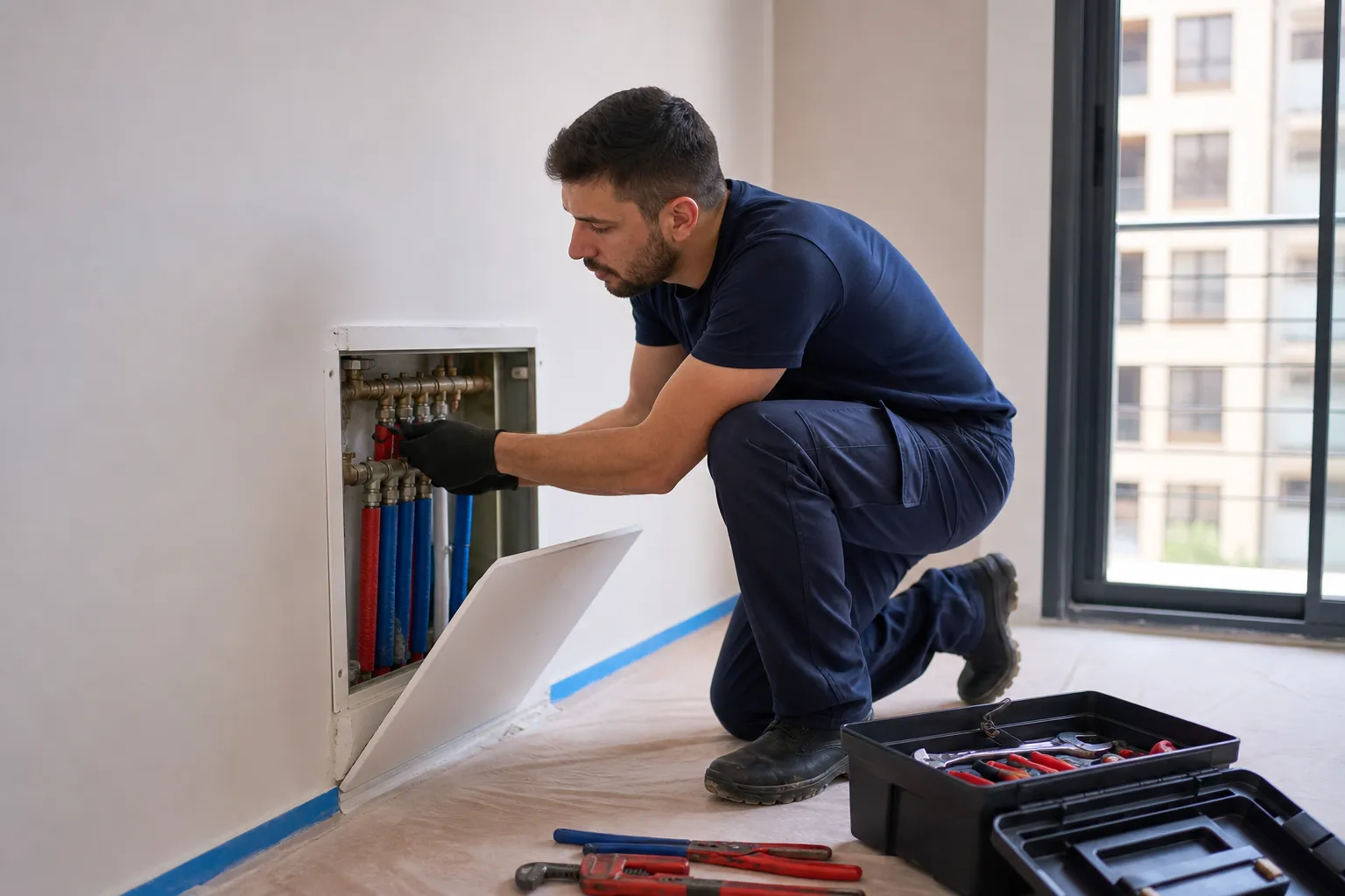 Profissional avalia conexão hidráulica em apartamento residencial alugado.