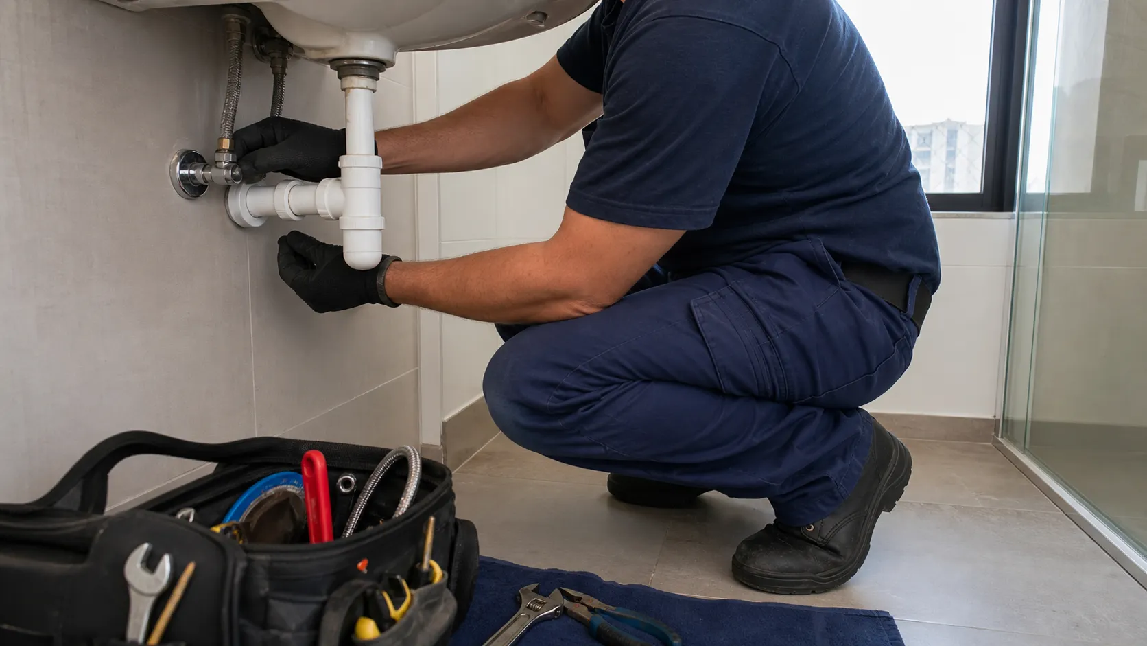 Profissional avalia conexão hidráulica em apartamento com sinais de vazamento.