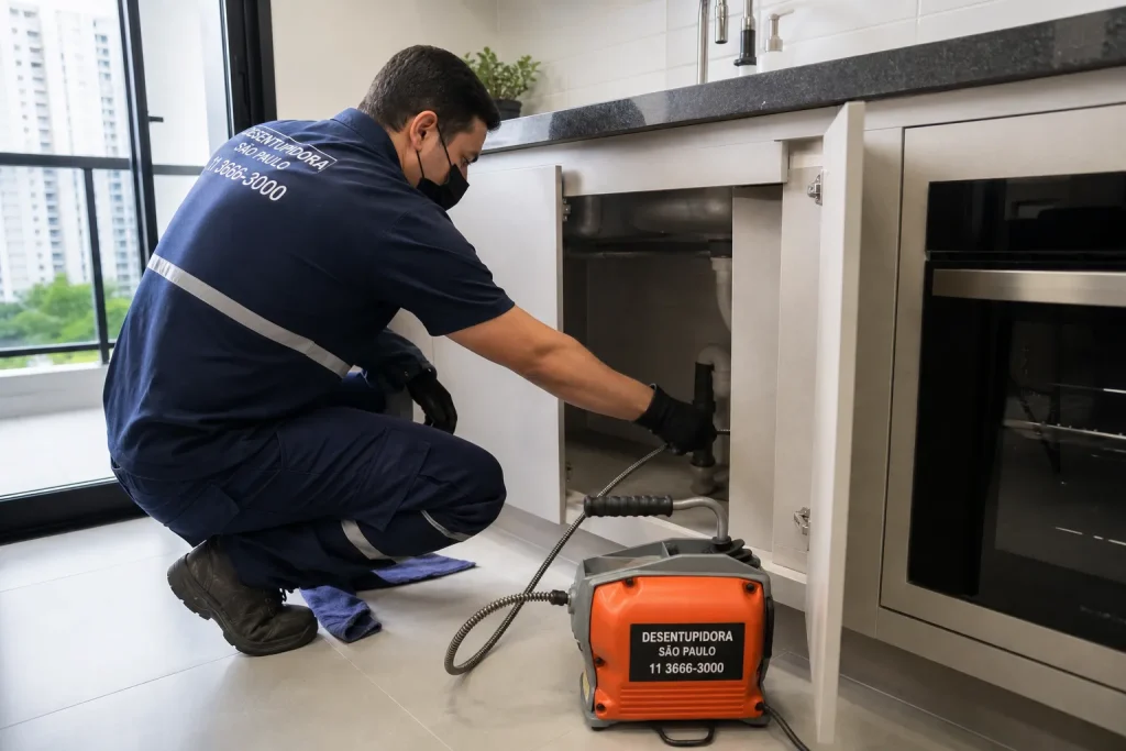 Técnico inspecionando caixa de gordura residencial em cozinha de apartamento em São Paulo, ambiente limpo e iluminado.