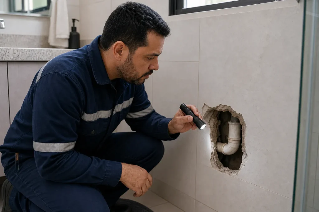 Técnico inspeciona cano embutido em parede com abertura pequena para localizar vazamento.