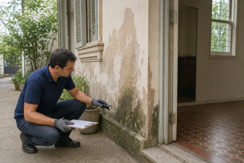 Técnico inspeciona casa antiga para identificar pontos de risco de vazamento.