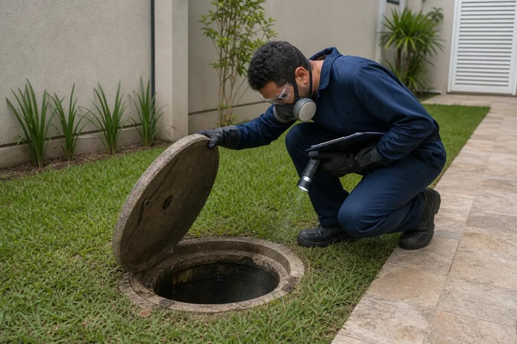 Técnico inspecionando fossa séptica com mau cheiro em área externa residencial.