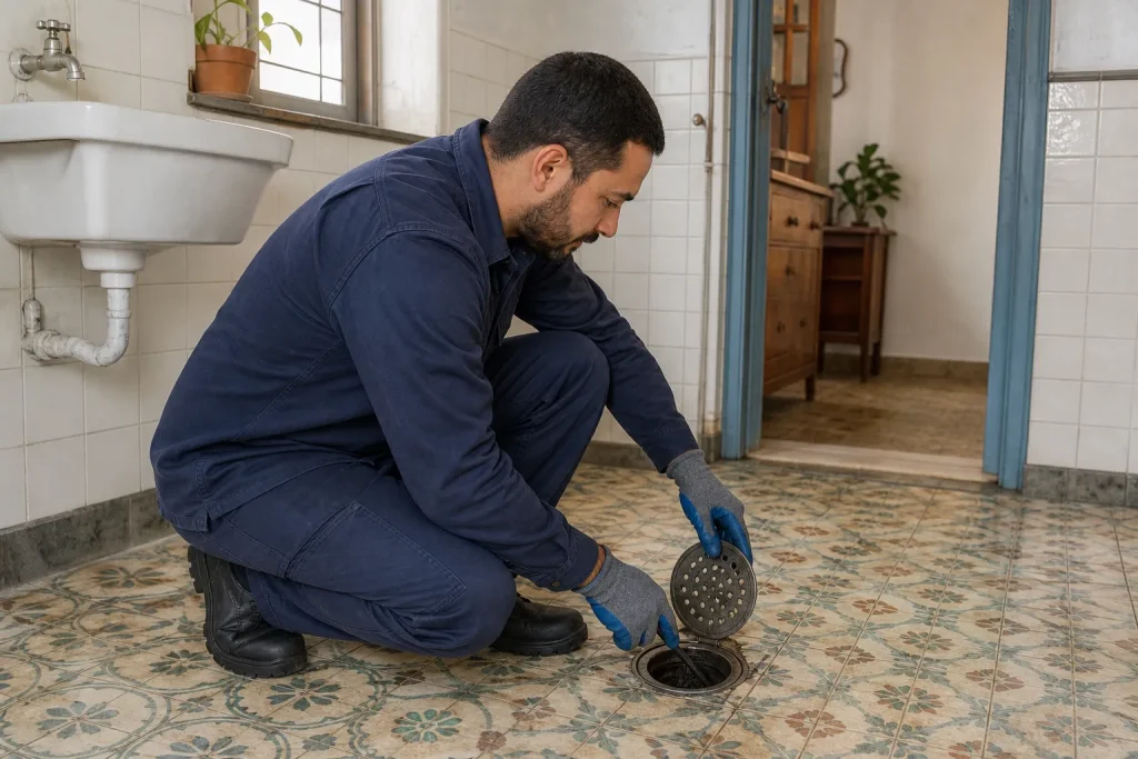 Técnico inspeciona o ralo em casa antiga para avaliar acúmulo e escoamento.