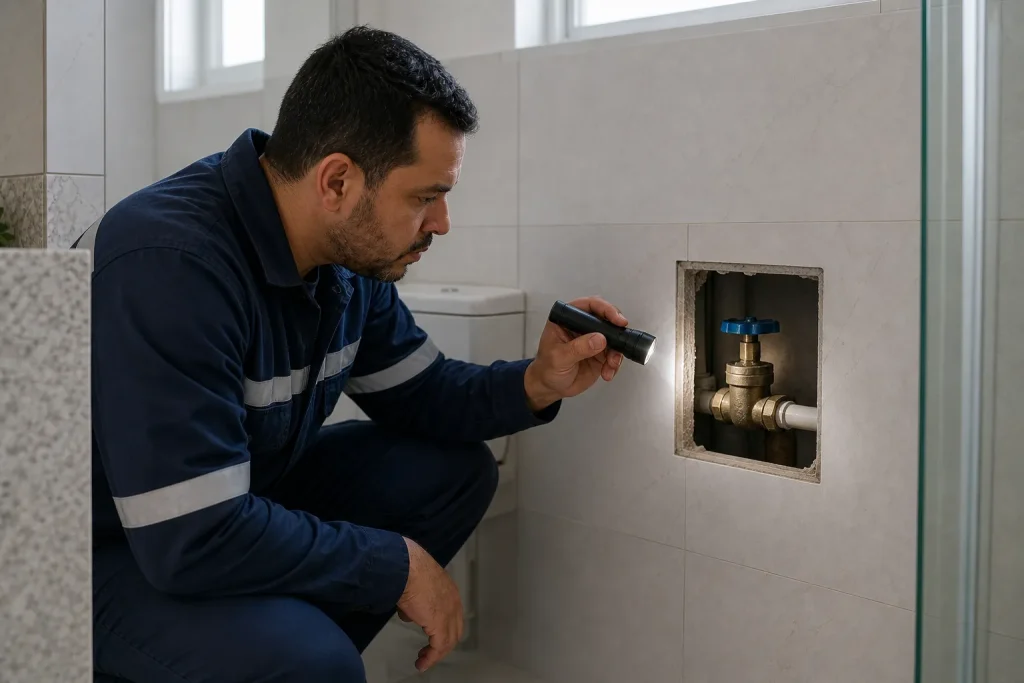 Técnico inspeciona o registro de água no banheiro para localizar vazamento.
