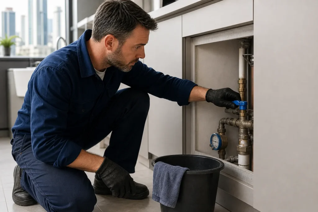 Técnico isola a água em apartamento para conter um entupimento urgente sem piorar o problema.