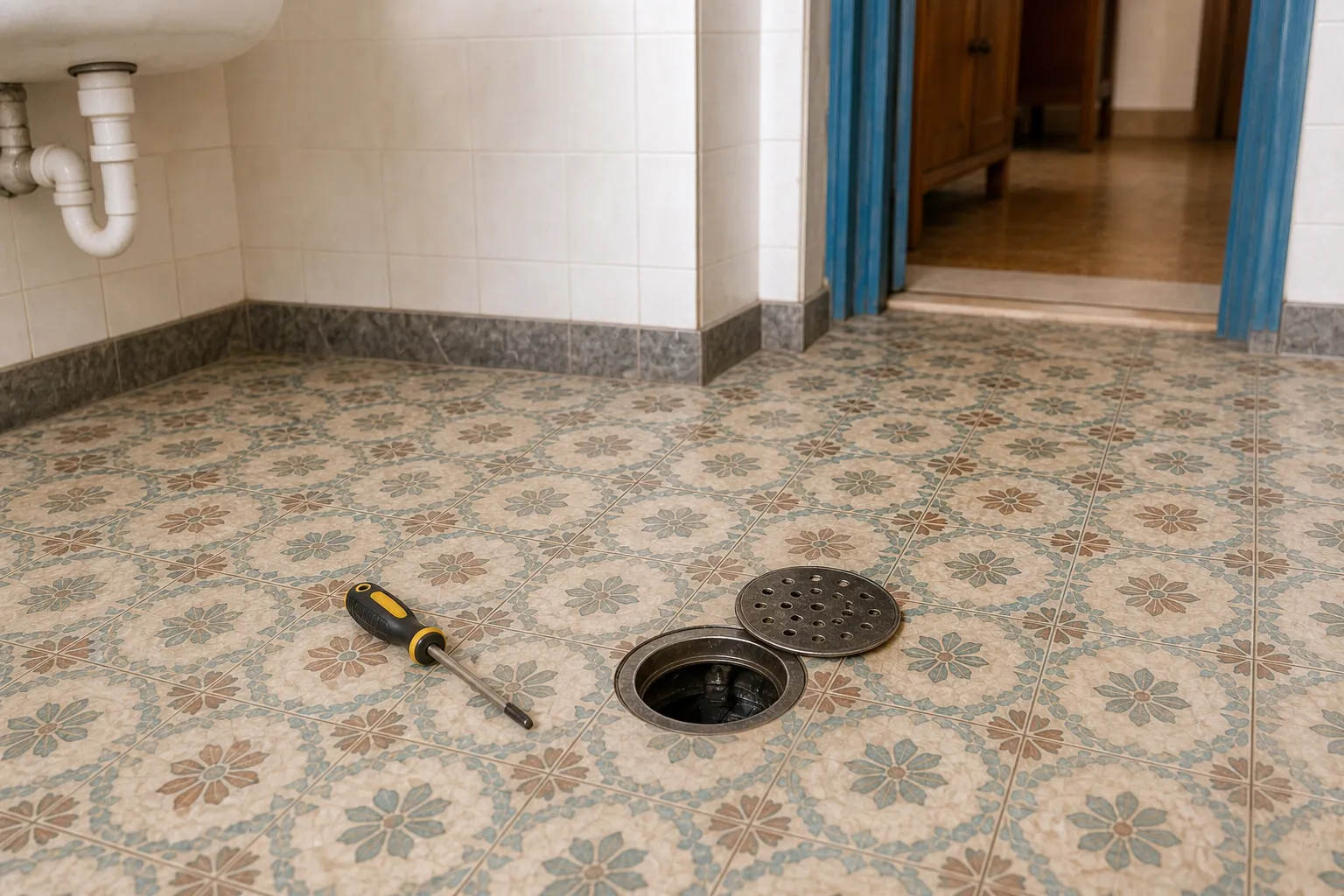 Técnico limpa ralo de banheiro em casa antiga com cuidado para preservar o acabamento.