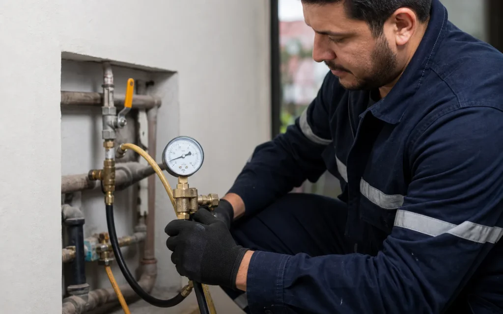 Técnico acompanha a leitura do manômetro durante teste de pressão em tubulação.