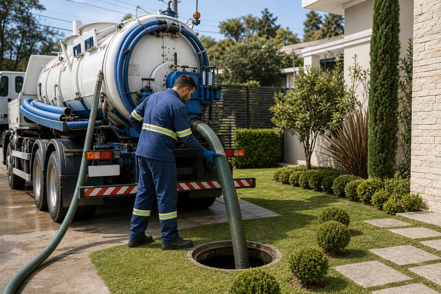 Técnico preenchendo checklist de manutenção de fossa em área externa residencial.
