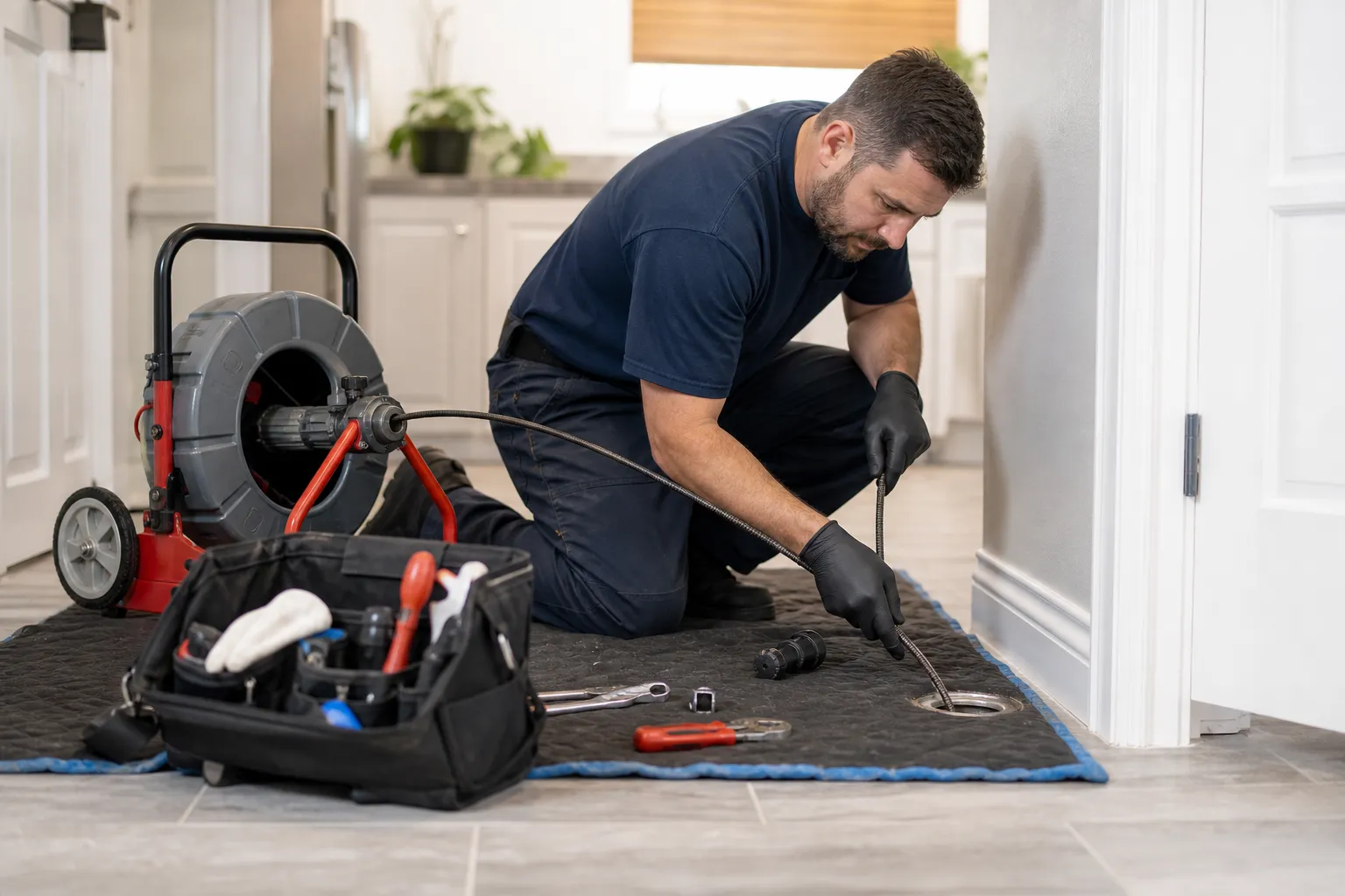 Técnico realiza manutenção preventiva em ralo de imóvel residencial.