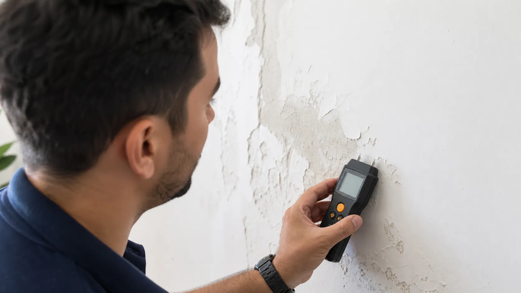Técnico mede a umidade da parede antes de refazer a pintura.