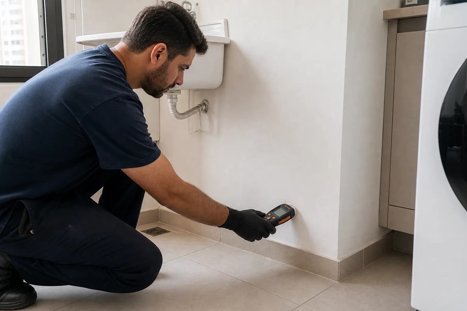 Técnico usa medidor de umidade para investigar piso úmido.