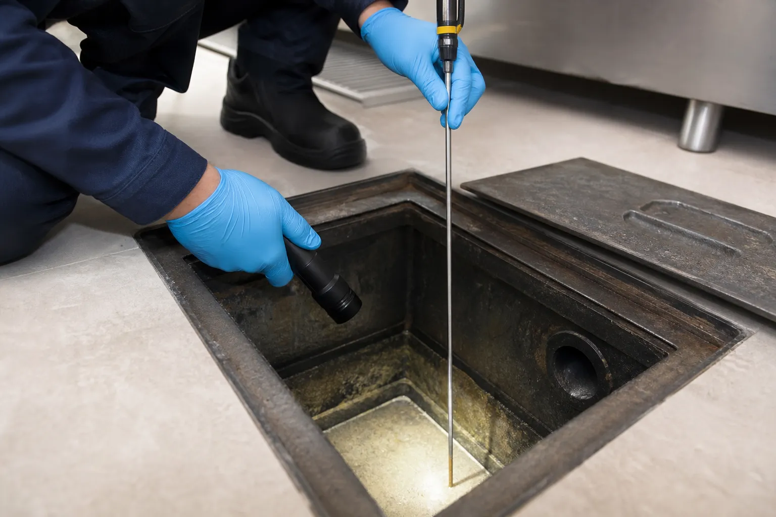 Técnico mede o nível de resíduos em uma caixa de gordura.