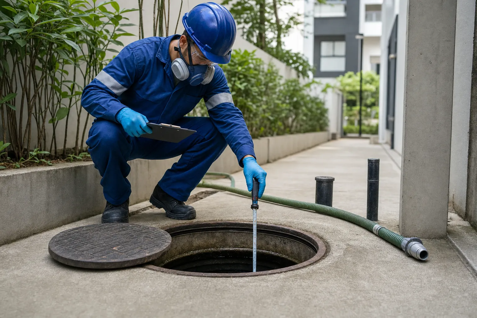 Técnico mede o nível da fossa antes de definir a limpeza no condomínio.