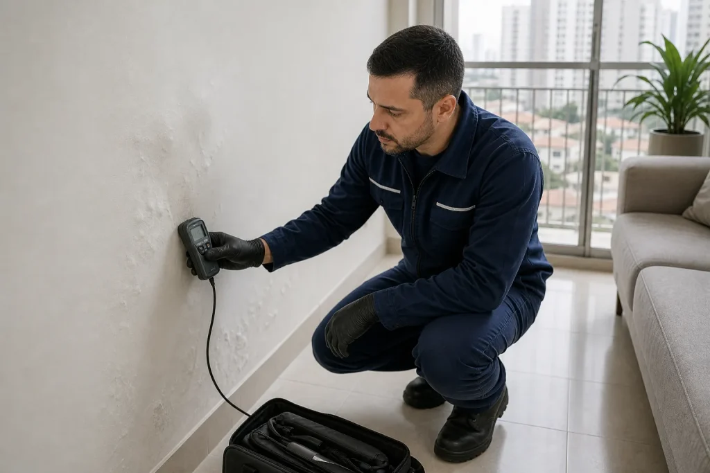 Técnico mede a umidade em parede estufada de apartamento em São Paulo.