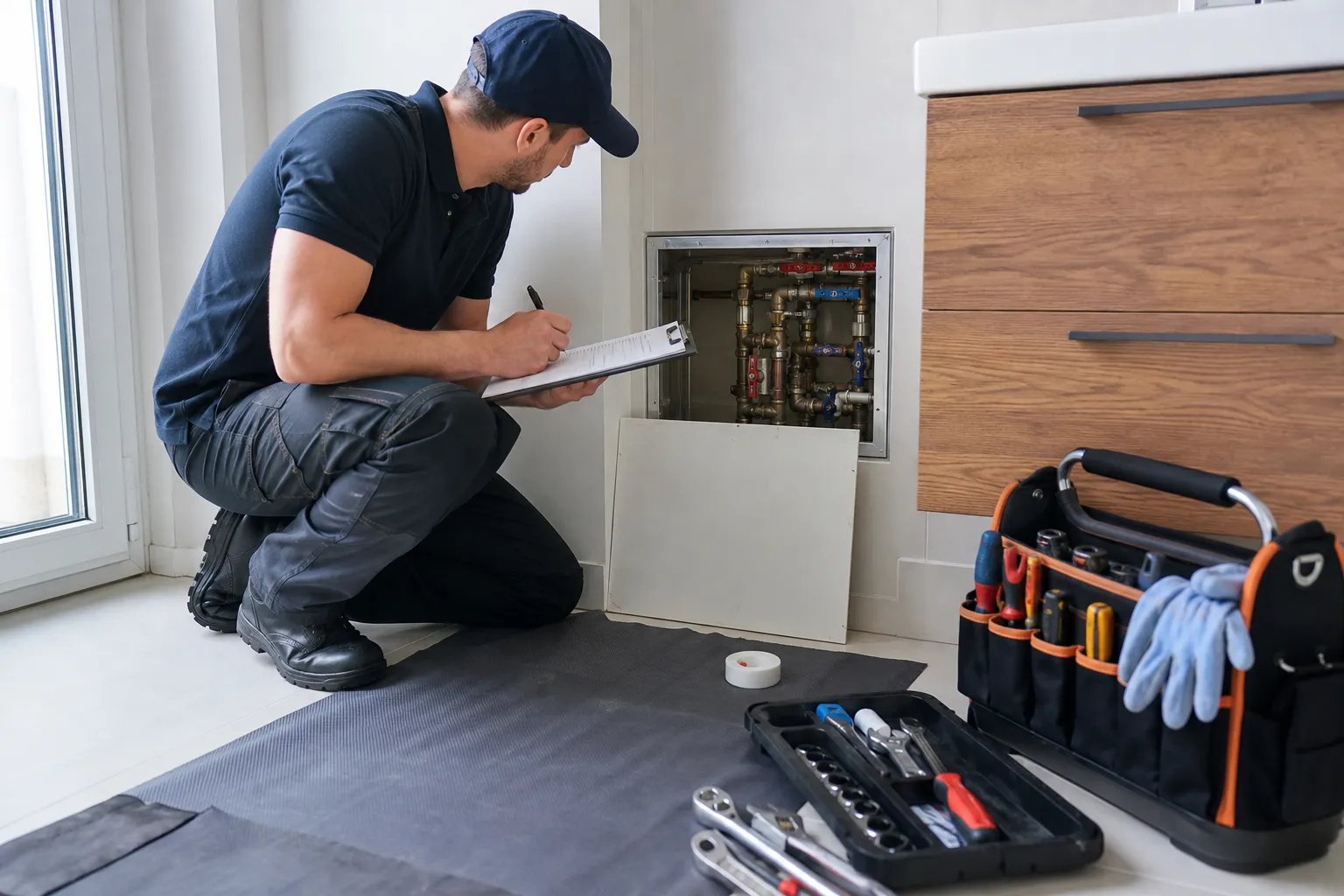 Técnico planeja reparo pontual após diagnóstico de vazamento em apartamento.