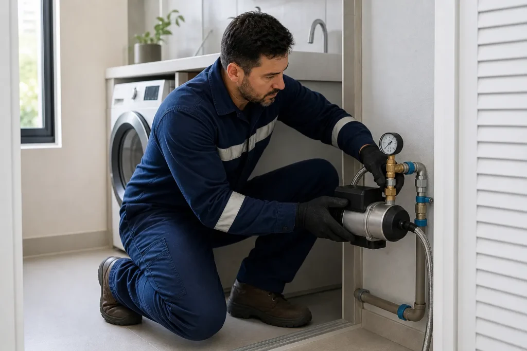 Tecnico conecta equipamento de pressurizacao em tubulacao de agua.