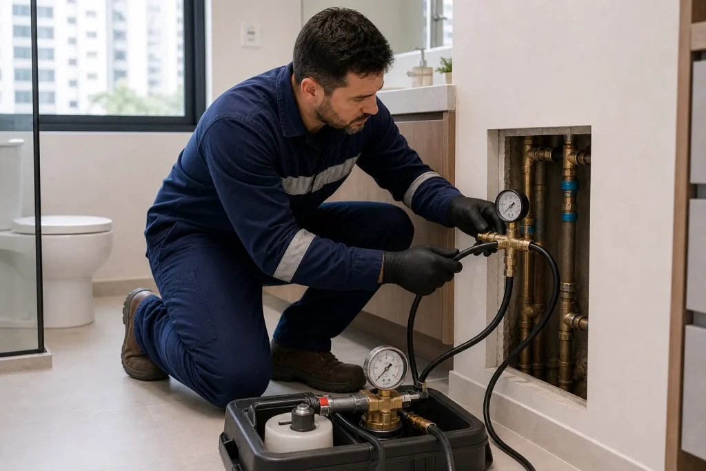 Tecnico prepara o teste de estanqueidade em tubulacao de agua.