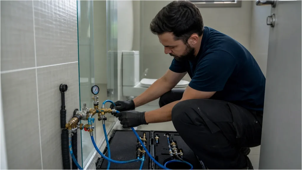 Tecnico prepara o teste de estanqueidade para avaliar vazamento oculto.