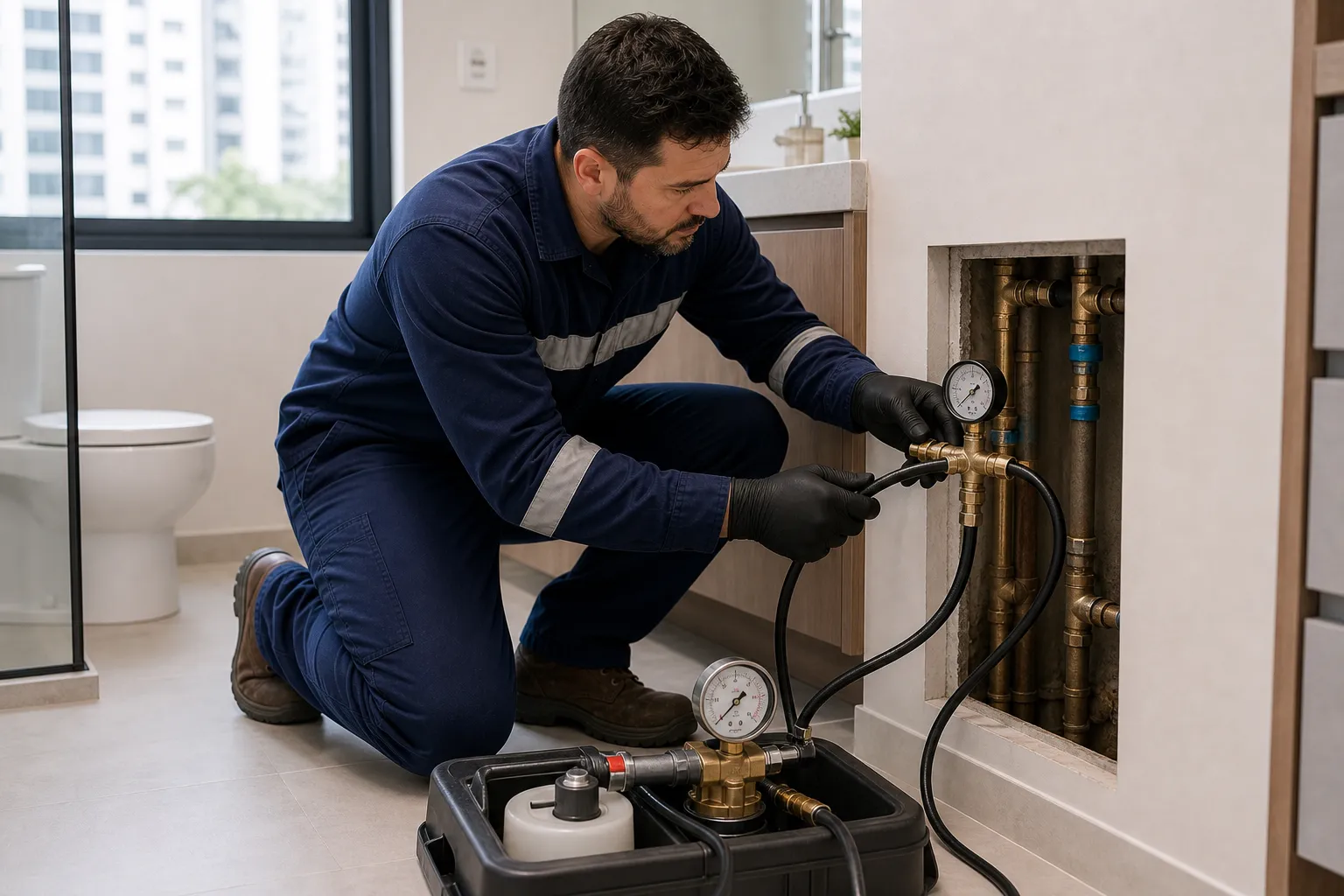 Tecnico prepara o teste de estanqueidade em tubulacao de agua.