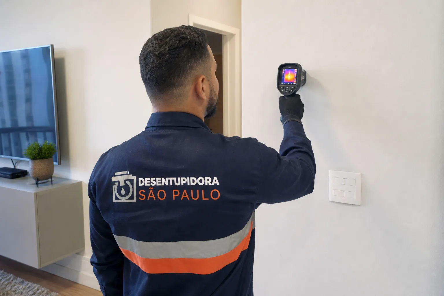 Técnico usando câmera termográfica para identificar vazamento oculto em parede de apartamento moderno em São Paulo.