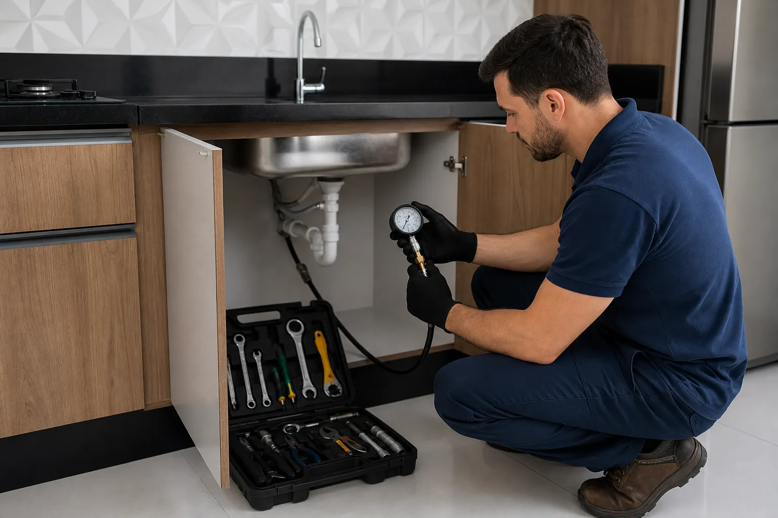 Técnico realiza teste controlado em acesso hidráulico de cozinha.
