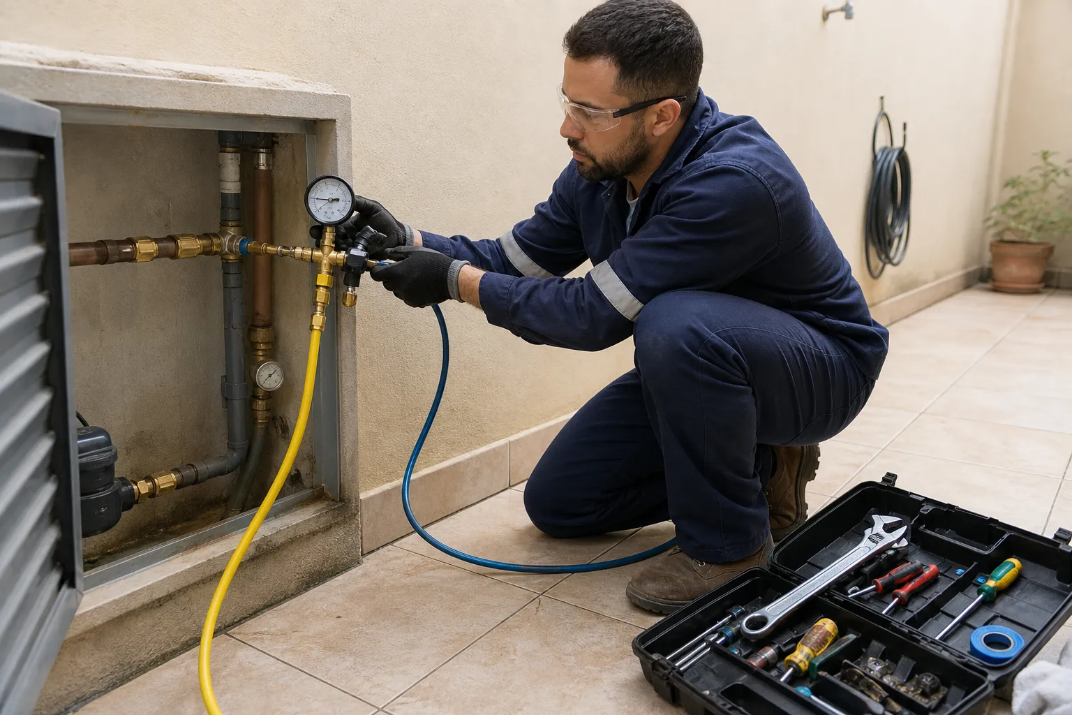 Técnico executa teste de pressão em instalação hidráulica residencial.