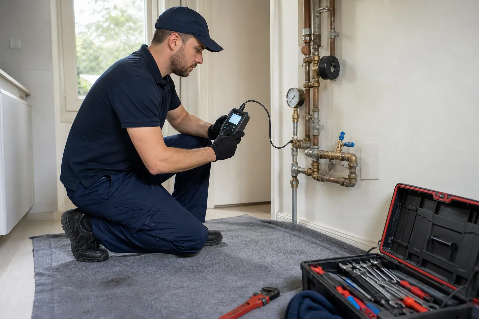 Técnico usa medidor portátil durante teste controlado em instalação residencial.