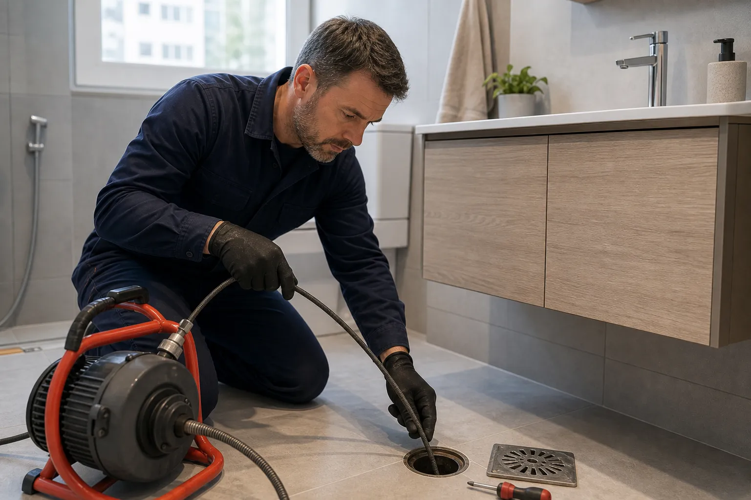 Técnico usa cabo desentupidor para resolver desentupimento urgente em apartamento sem quebrar.