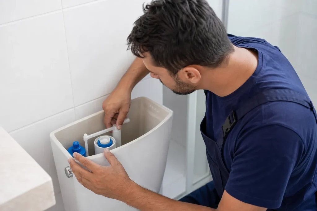Técnico utiliza cabo desentupidor em pia residencial para liberar uma obstrução.