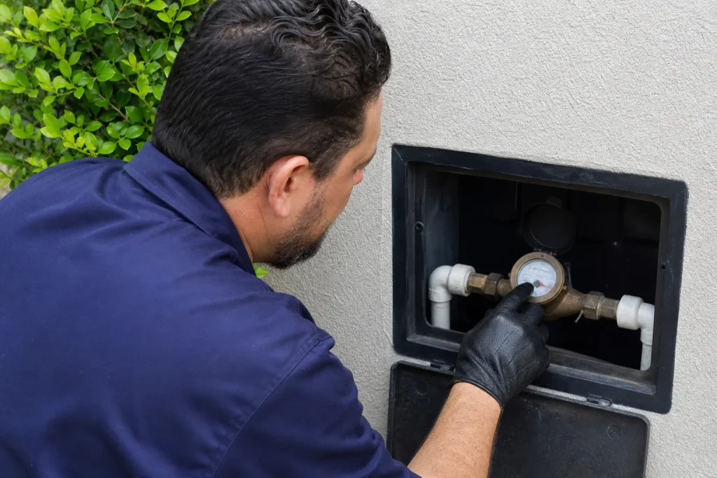 Técnico especializado examina hidrômetro instalado em parede residencial para identificar possíveis anomalias no consumo de água.