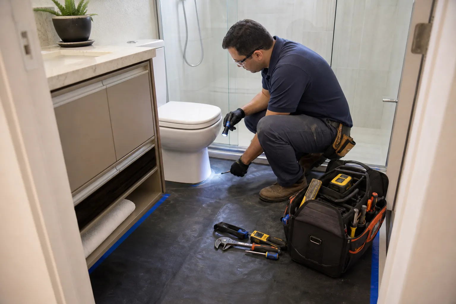 Técnico realiza vistoria em banheiro residencial para investigar umidade.