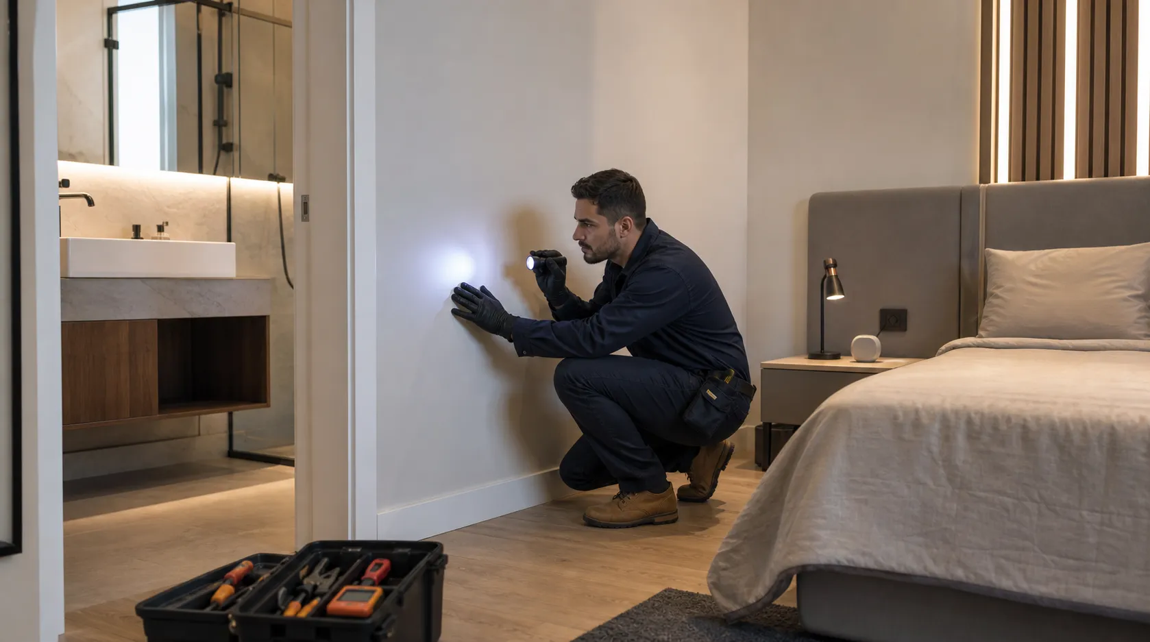 Técnico realiza vistoria em suíte residencial com sinais de umidade.