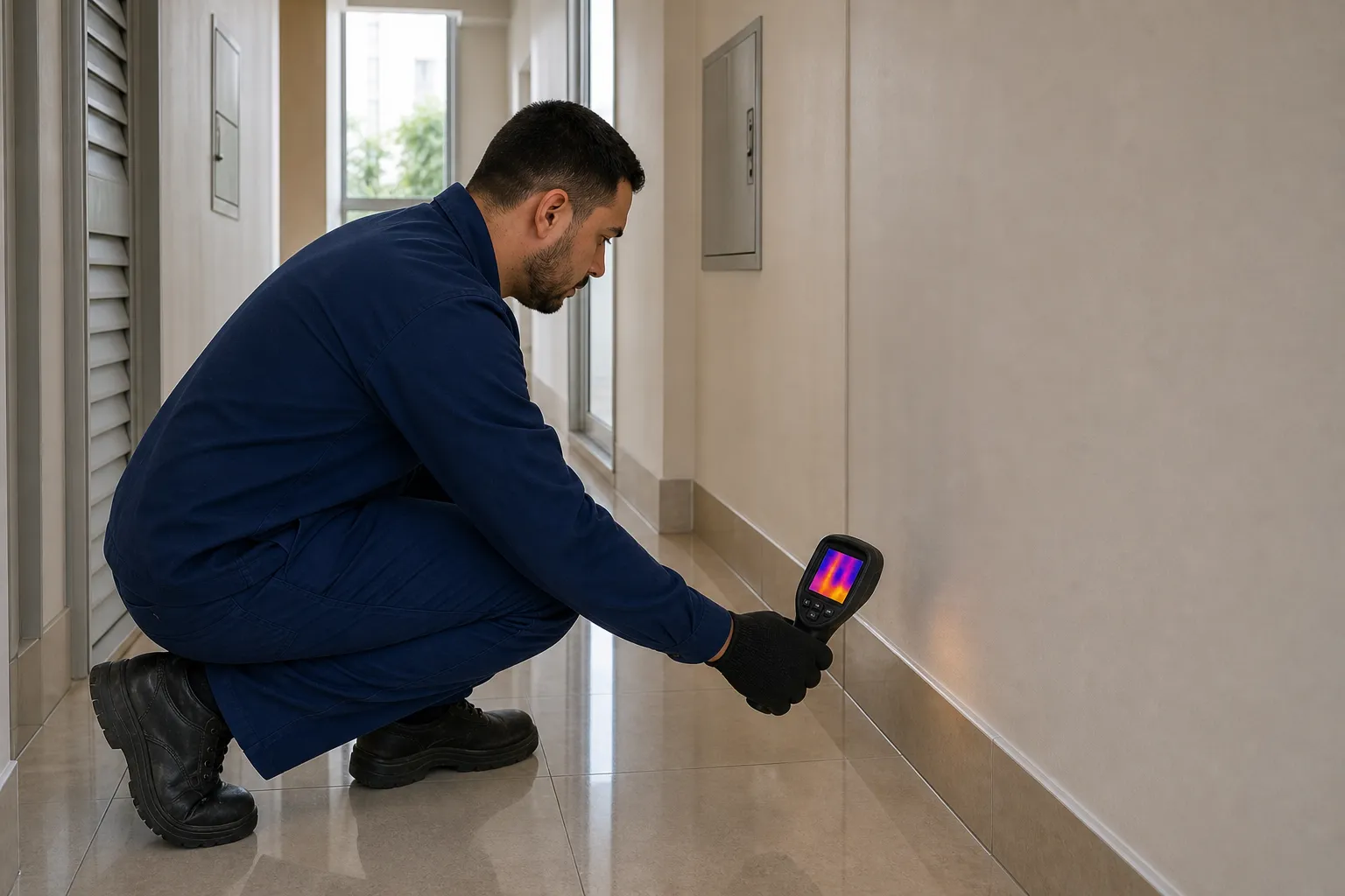 Técnico fazendo inspeção termográfica em piso e rodapé de apartamento.
