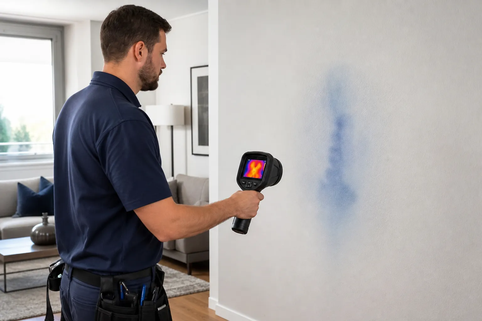 Profissional usa câmera térmica para comparar temperaturas em parede residencial.