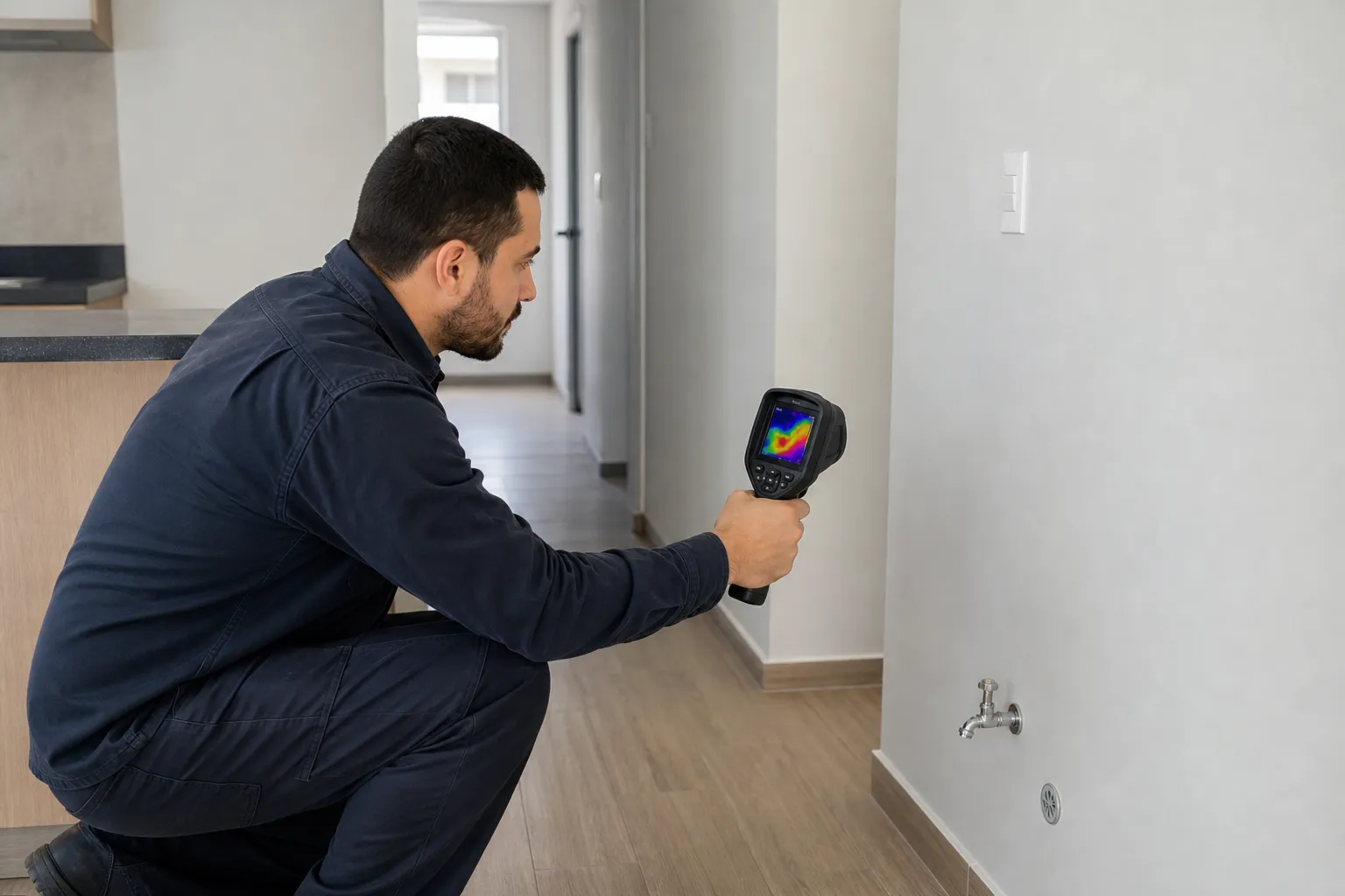 Técnico usa termografia para localizar vazamento oculto em apartamento novo dentro do período de garantia.