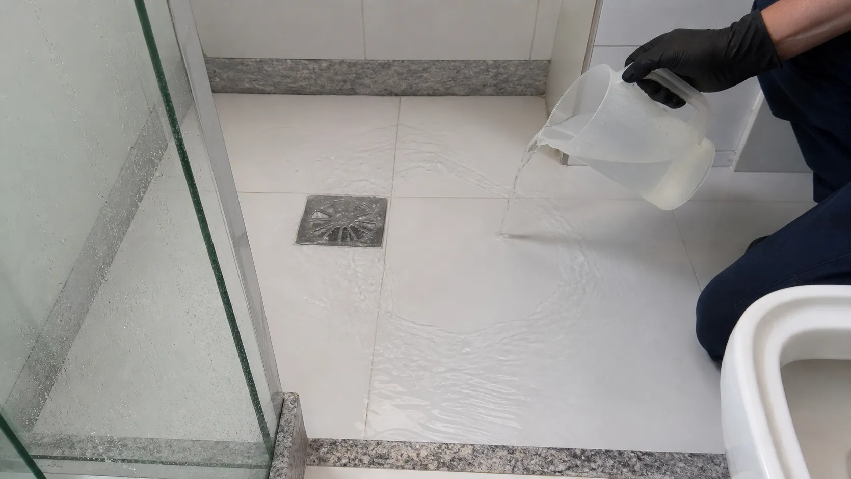 Teste controlado observa o escoamento em ralo de banheiro.
