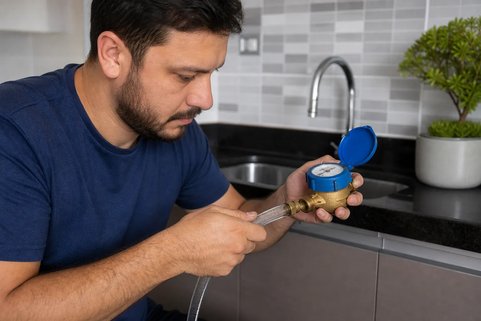 Morador realiza teste prático do hidrômetro em casa para verificar presença de vazamento oculto.