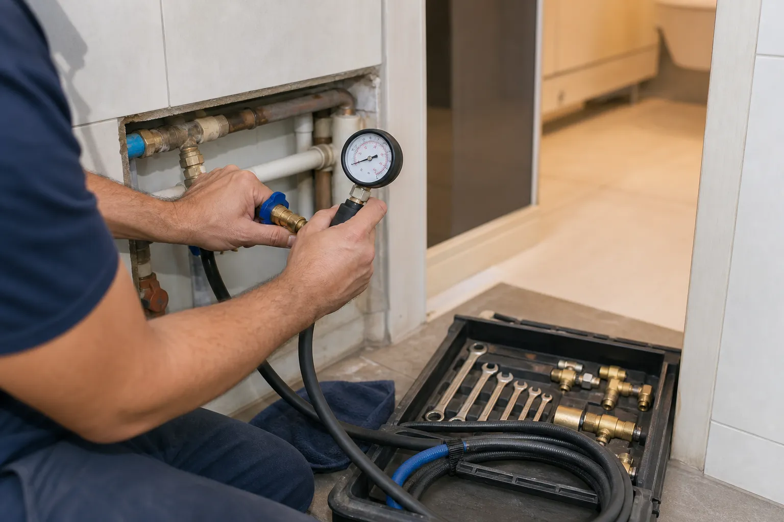 Técnico realiza teste de pressão em tubulação para investigar vazamento em laje.