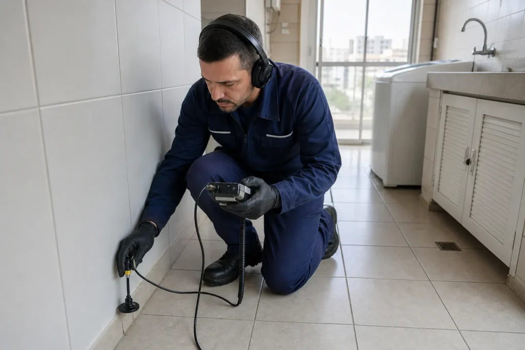 Mancha discreta no teto de apartamento com sinal de umidade.