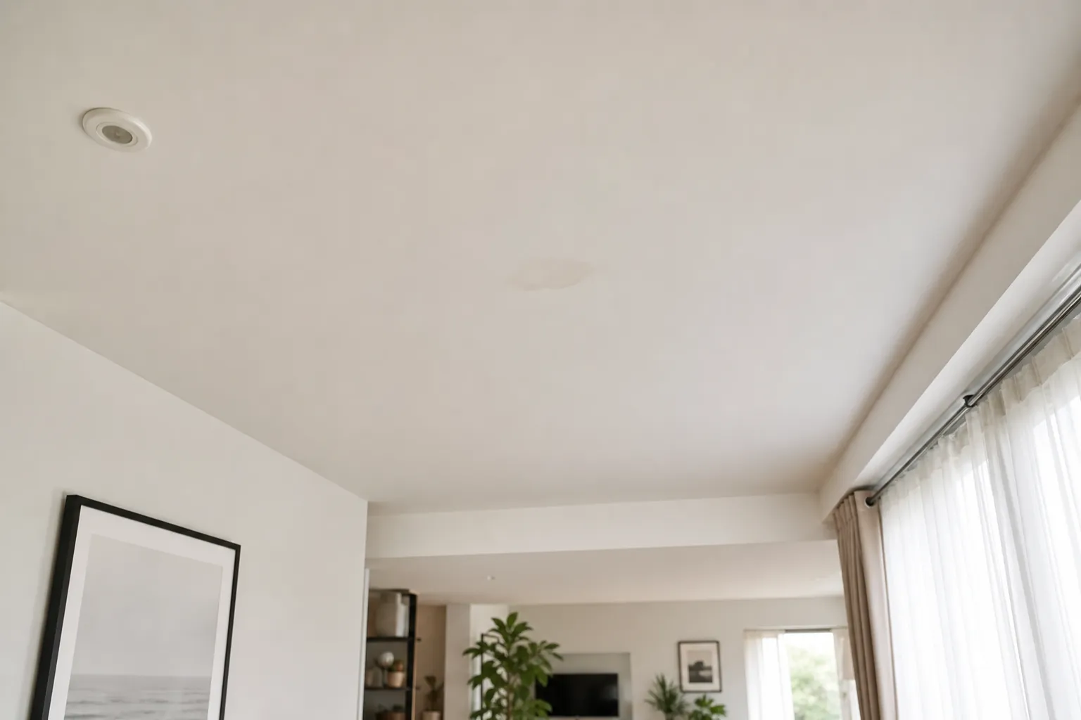 Teto de apartamento com marca de umidade abaixo de banheiro superior.