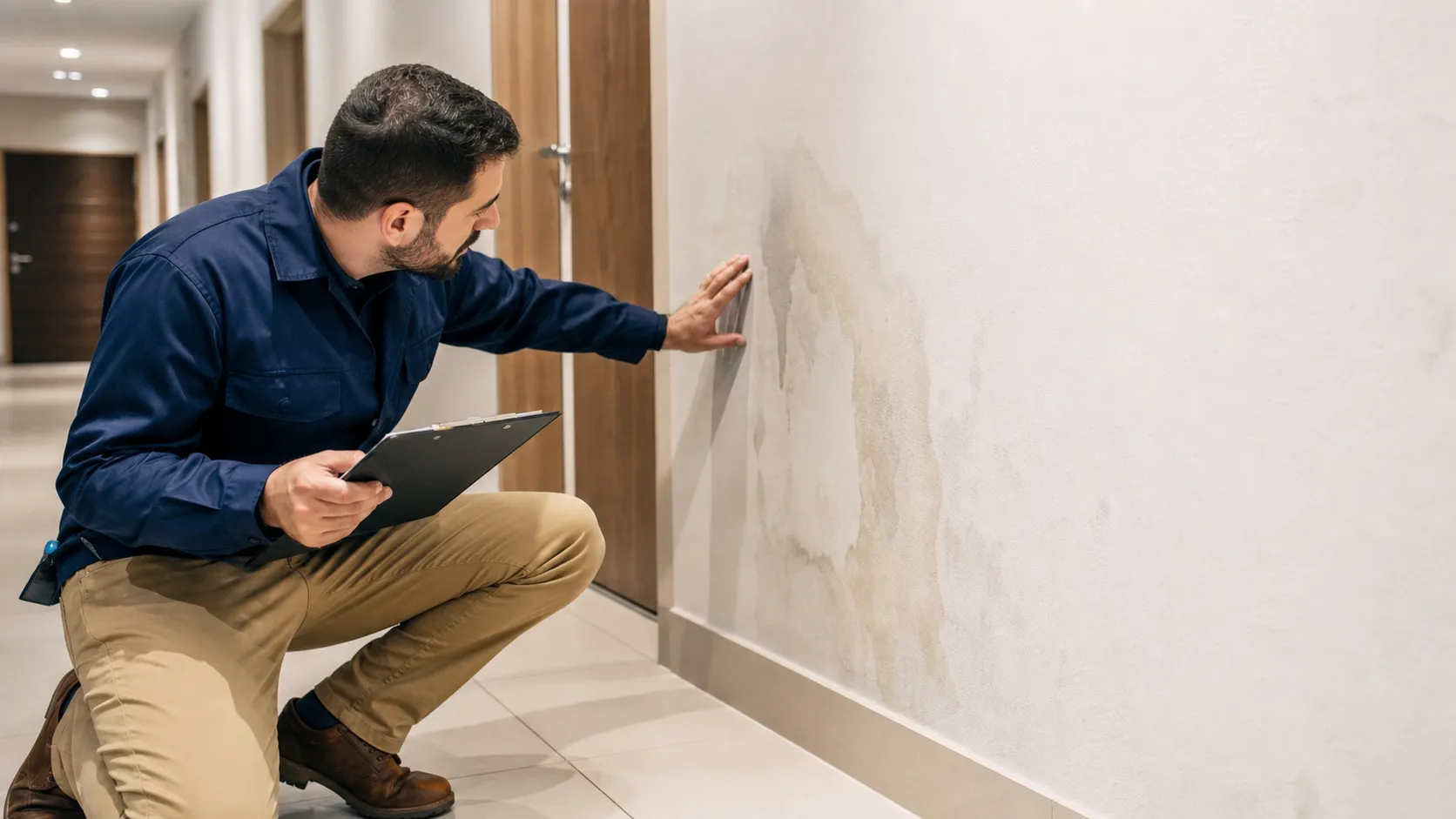 Profissional observa sinal de umidade em corredor de condomínio.