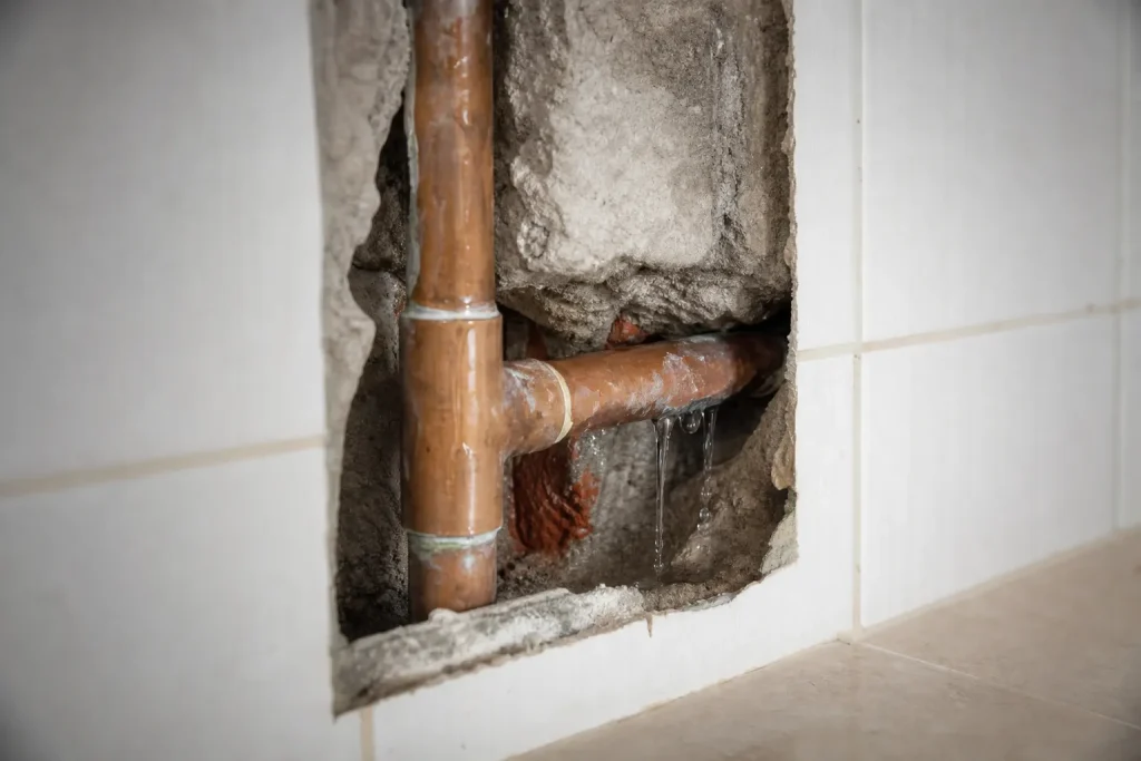 Tubulação embutida com vazamento de água discreto, possível causa do hidrômetro girando sem uso aparente.