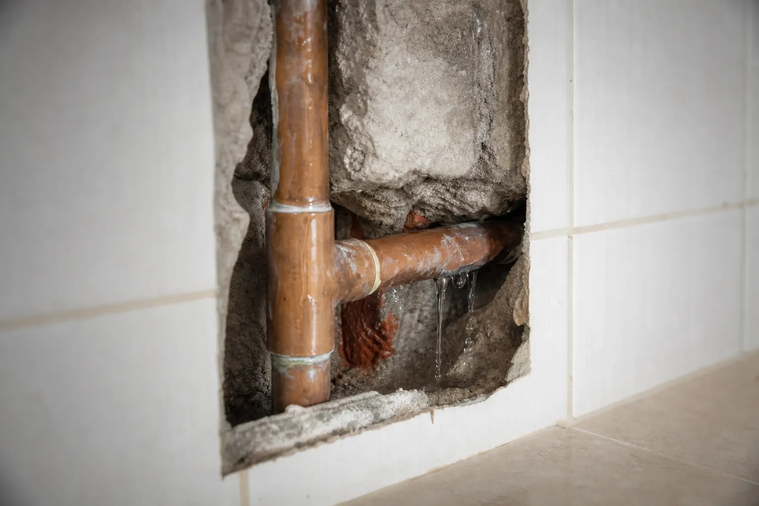 Tubulação embutida com vazamento de água discreto, possível causa do hidrômetro girando sem uso aparente.