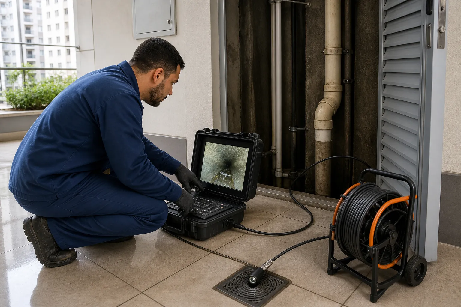 Técnico analisando vídeo inspeção de esgoto em sala técnica de condomínio em São Paulo.