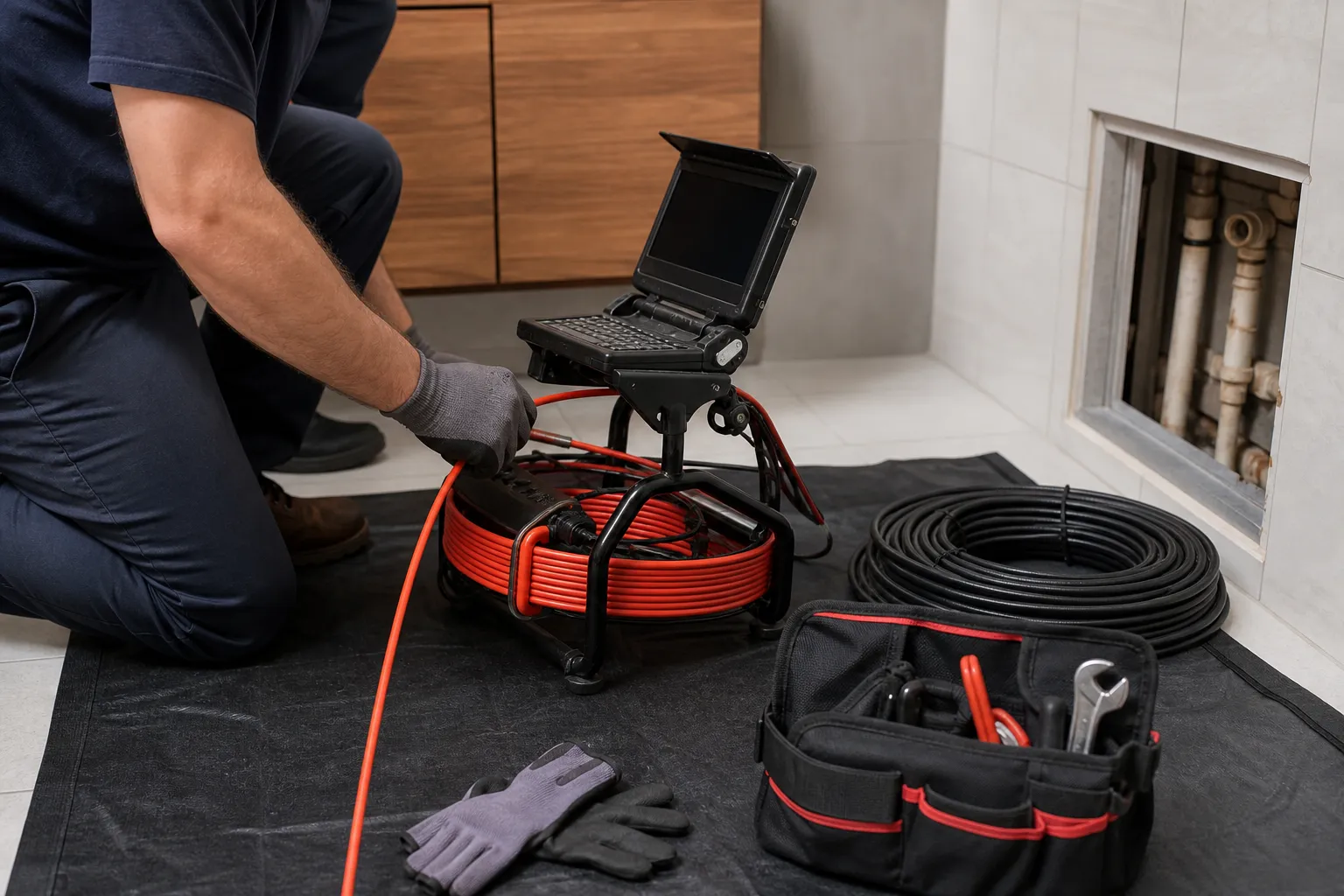 Profissional prepara câmera de vídeo inspeção para avaliar encanamento residencial.