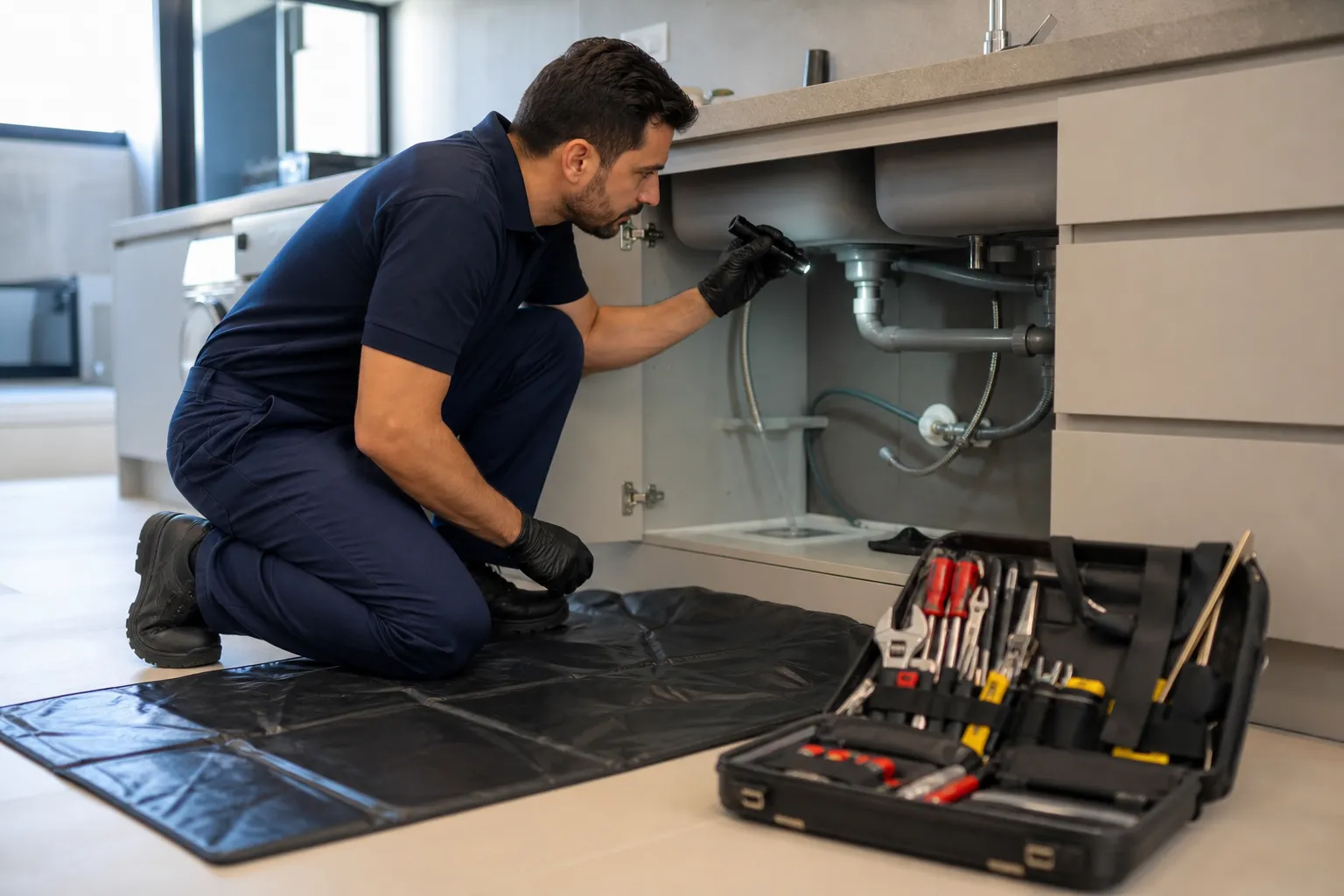 Técnico realiza vistoria em cozinha residencial para investigar umidade e vazamento.