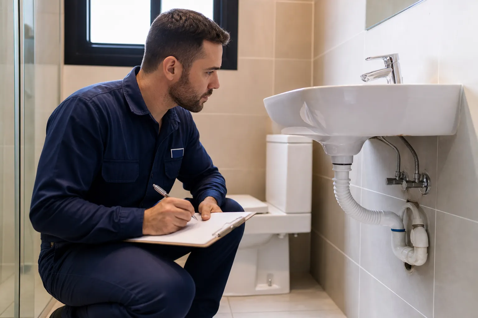 Técnico realizando vistoria em banheiro de imóvel alugado para identificar causa do entupimento.